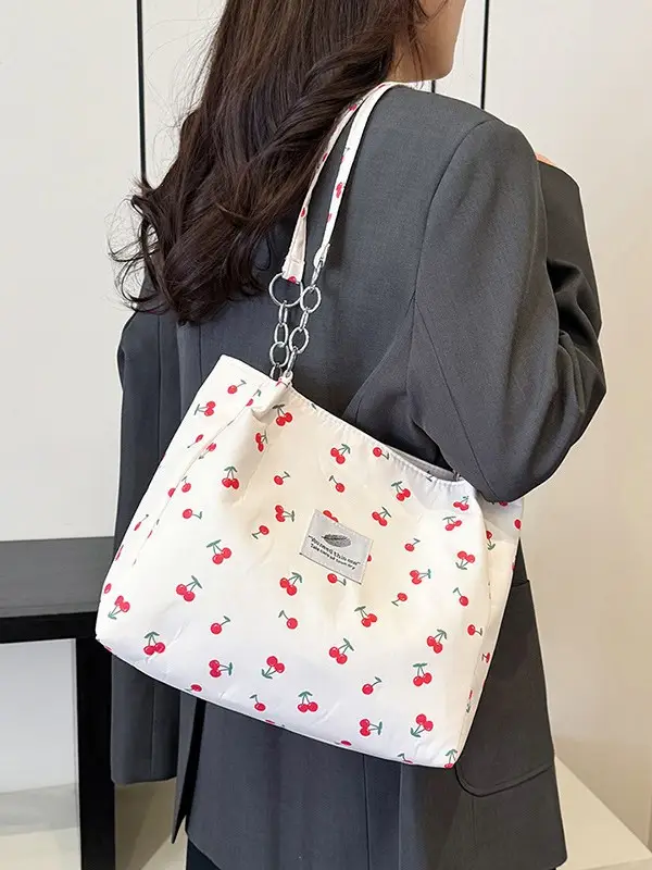 Women Cherry Print Canvas Shoulder Bag 2025 - Image 7