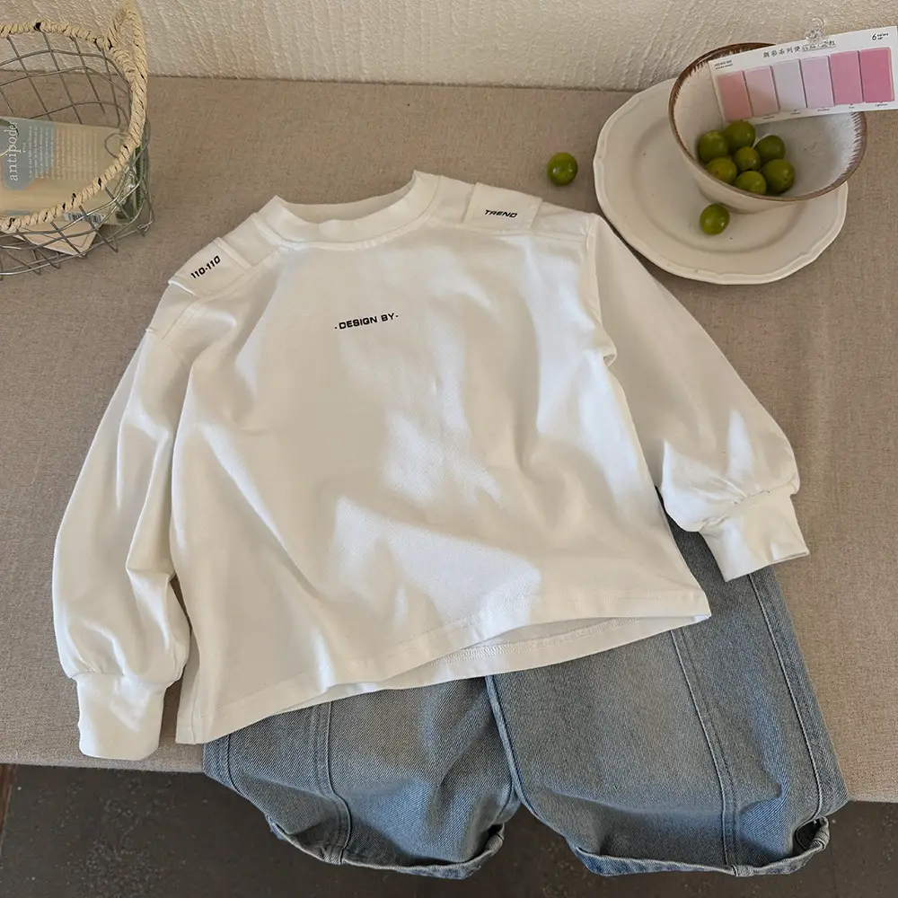 White Korean Style Boys T-Shirt with Letter Base — feature 2