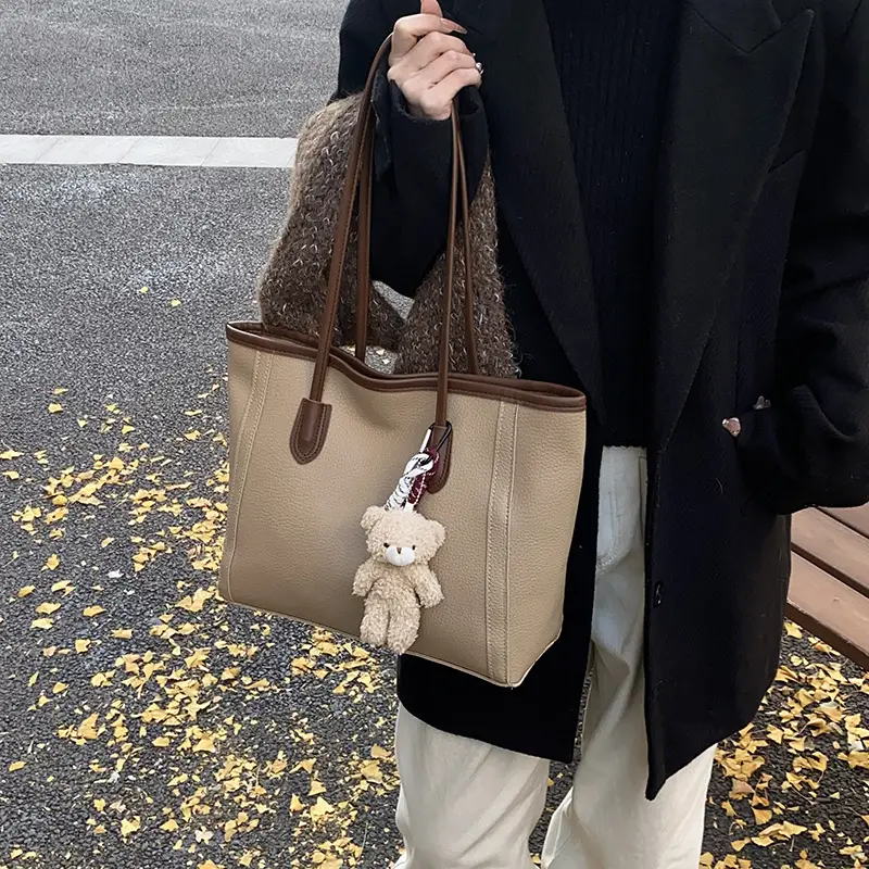 Korean Style Leather Tote Bag Brown 2024