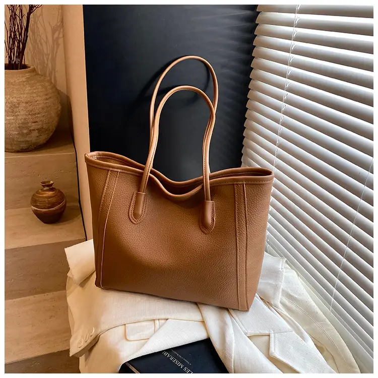 Korean Style Leather Tote Bag Brown 2024