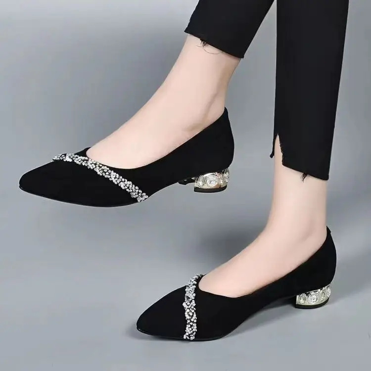 Low Heel Rhinestone Pointed Thick Heel Shallow Mouth Shoes Women's 2025 Spring New Elegant Frosted Pumps Black Work Shoes - Image 3