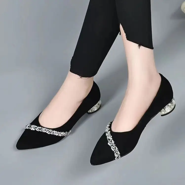 Low Heel Rhinestone Pointed Thick Heel Shallow Mouth Shoes Women's 2025 Spring New Elegant Frosted Pumps Black Work Shoes - Image 4