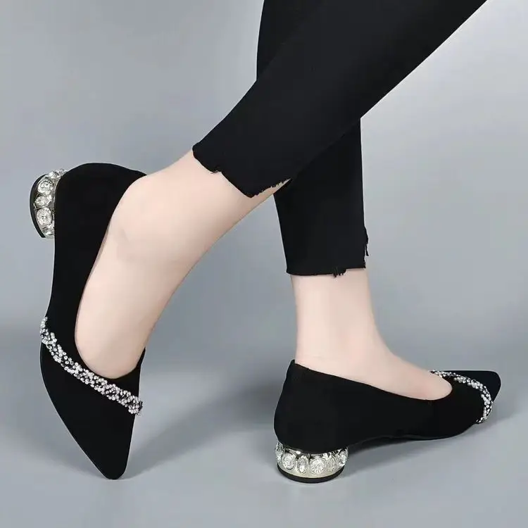 Low Heel Rhinestone Pointed Thick Heel Shallow Mouth Shoes Women's 2025 Spring New Elegant Frosted Pumps Black Work Shoes - Image 5