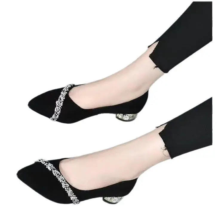 Low Heel Rhinestone Pointed Thick Heel Shallow Mouth Shoes Women's 2025 Spring New Elegant Frosted Pumps Black Work Shoes - Image 6