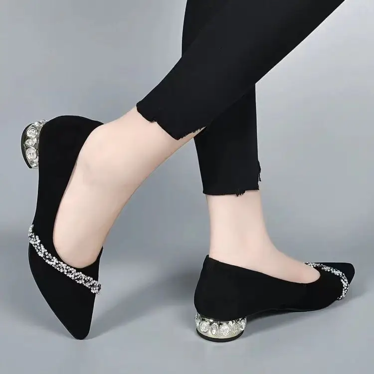 Low Heel Rhinestone Pointed Thick Heel Shallow Mouth Shoes Women's 2025 Spring New Elegant Frosted Pumps Black Work Shoes — feature 10