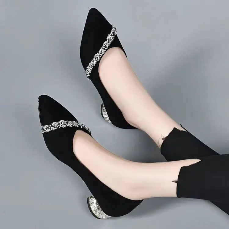 Low Heel Rhinestone Pointed Thick Heel Shallow Mouth Shoes Women's 2025 Spring New Elegant Frosted Pumps Black Work Shoes — feature 12