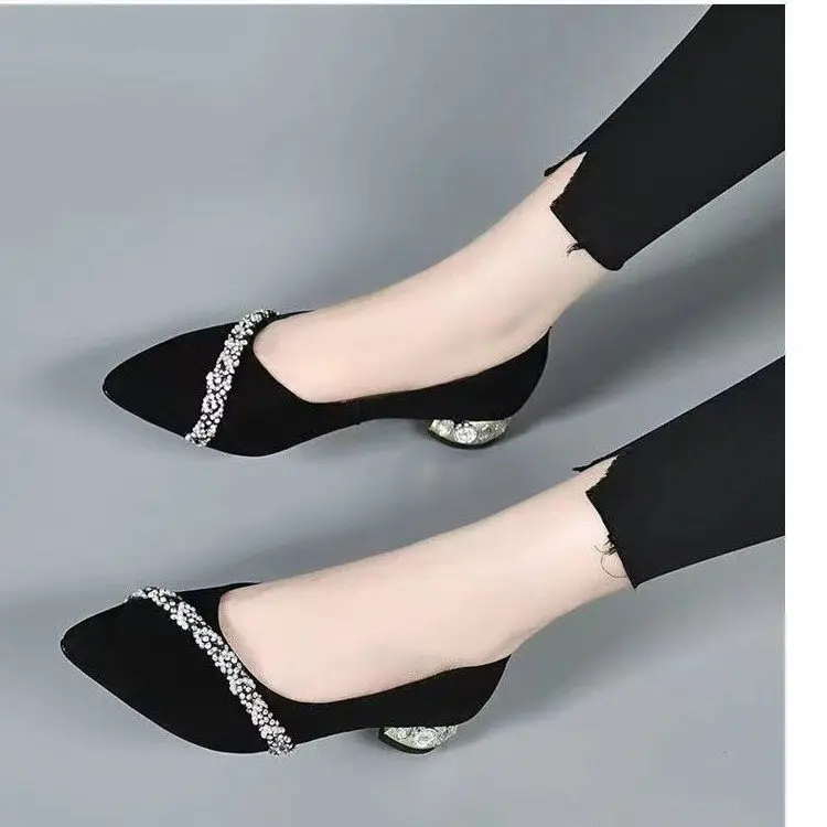 Low Heel Rhinestone Pointed Thick Heel Shallow Mouth Shoes Women's 2025 Spring New Elegant Frosted Pumps Black Work Shoes — feature 5