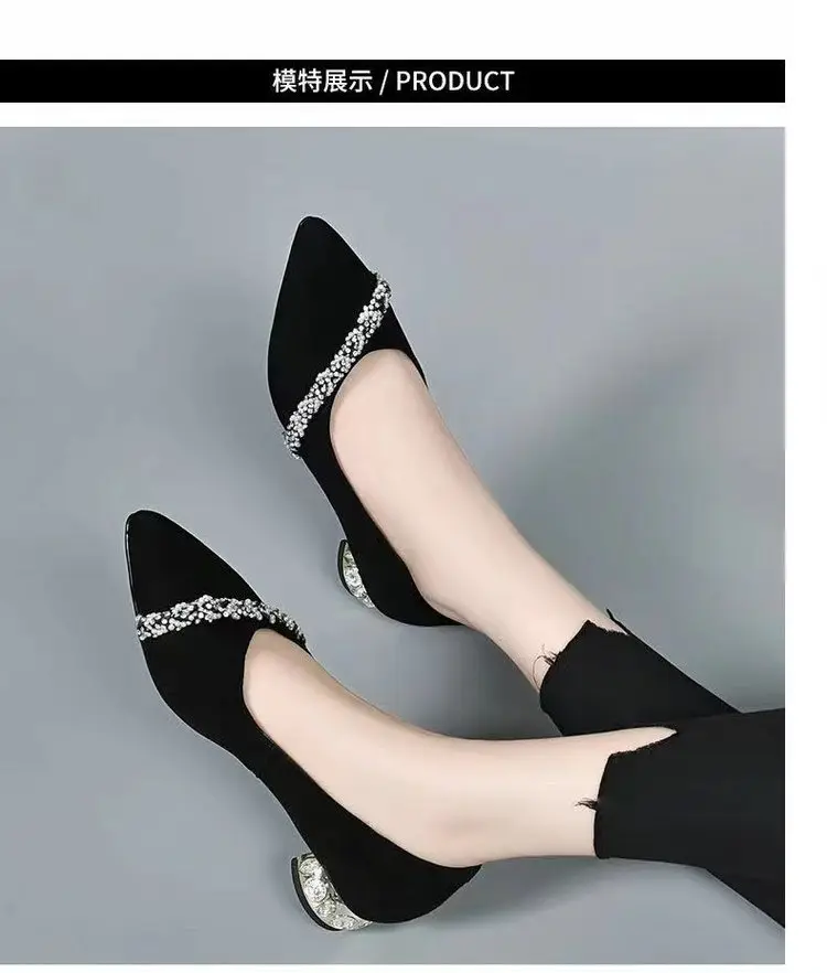 Low Heel Rhinestone Pointed Thick Heel Shallow Mouth Shoes Women's 2025 Spring New Elegant Frosted Pumps Black Work Shoes — feature 6