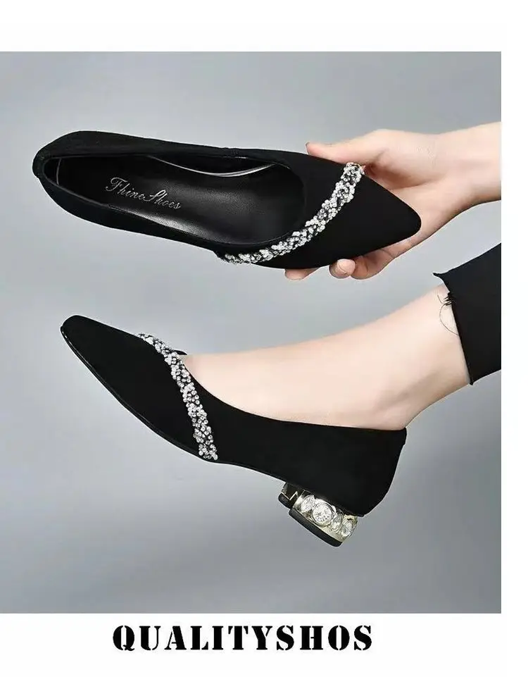 Low Heel Rhinestone Pointed Thick Heel Shallow Mouth Shoes Women's 2025 Spring New Elegant Frosted Pumps Black Work Shoes — feature 9