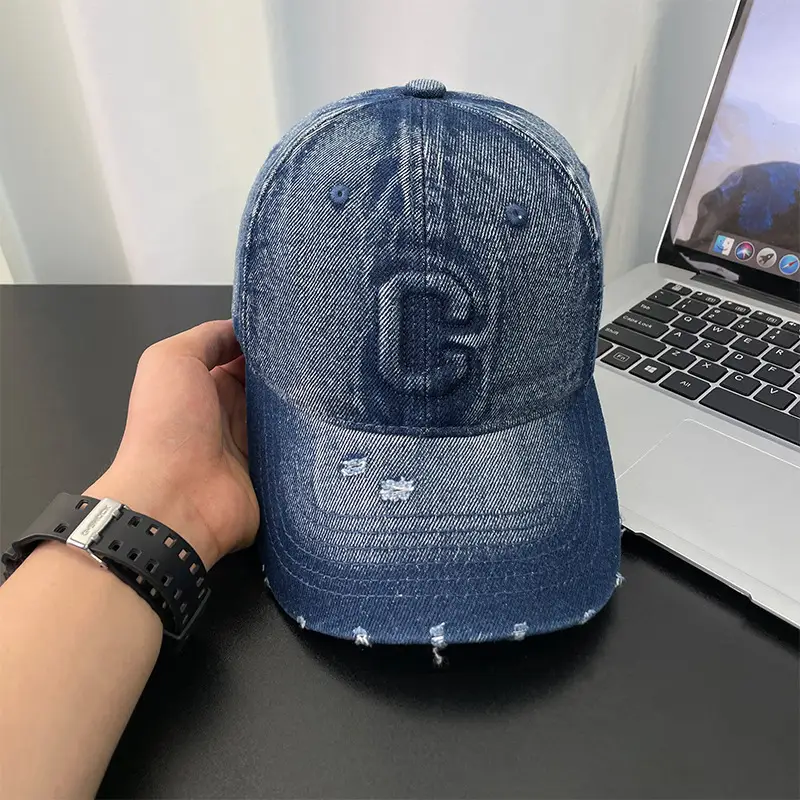 Light Blue Distressed Denim Cap for Women Men - Image 8