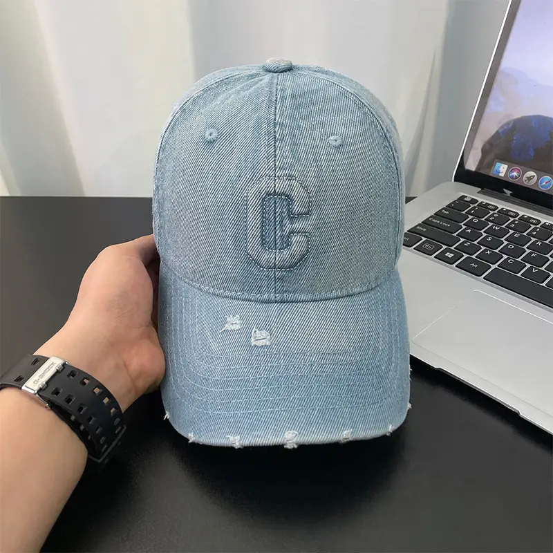 Light Blue Distressed Denim Cap for Women Men — feature 4