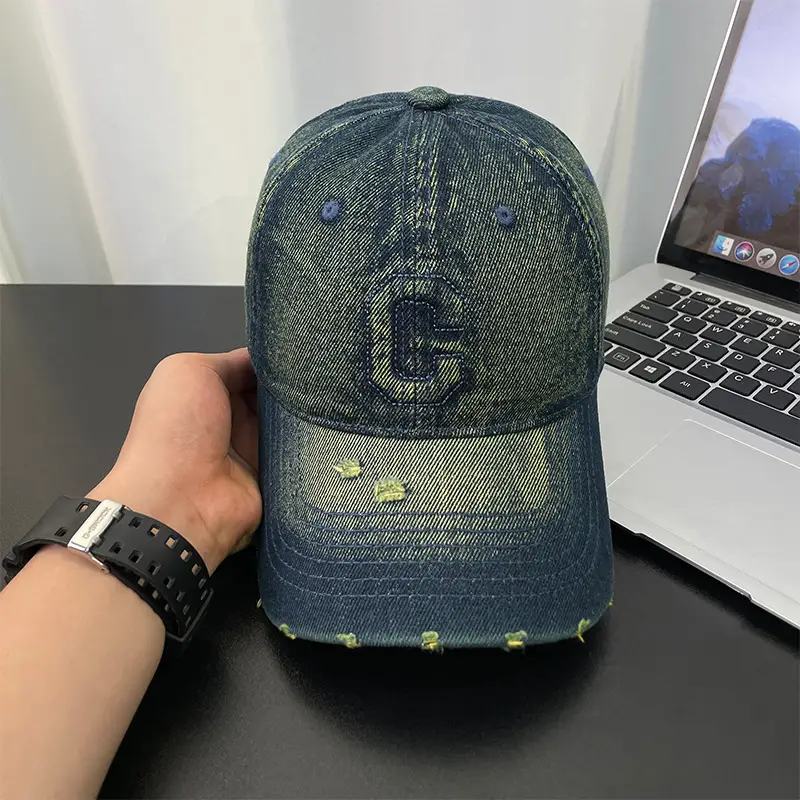 Light Blue Distressed Denim Cap for Women Men - Image 2