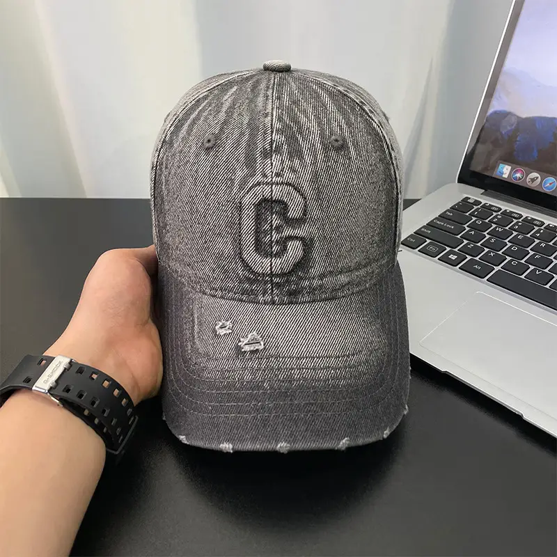 Light Blue Distressed Denim Cap for Women Men - Image 4