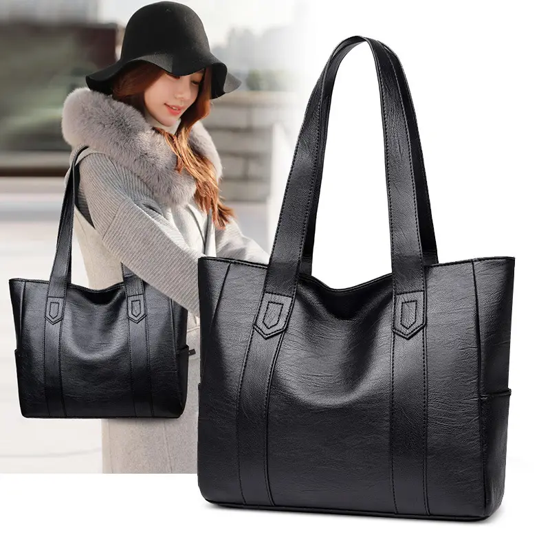 Black Leather Tote Bag for Women Large Capacity Shoulder Crossbody - Image 3