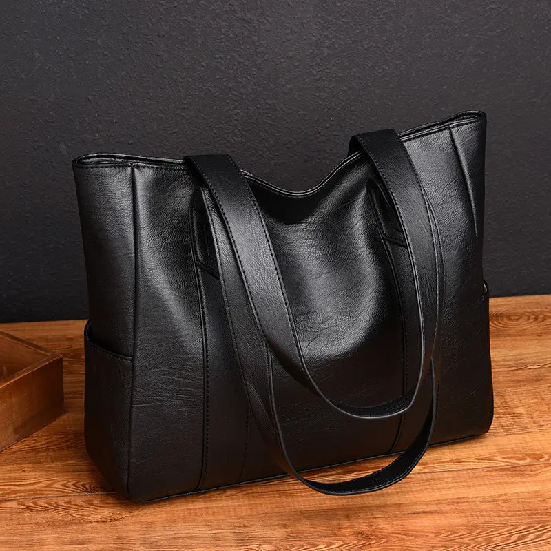 Black Leather Tote Bag for Women Large Capacity Shoulder Crossbody - Image 4