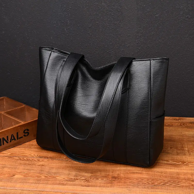 Black Leather Tote Bag for Women Large Capacity Shoulder Crossbody - Image 5