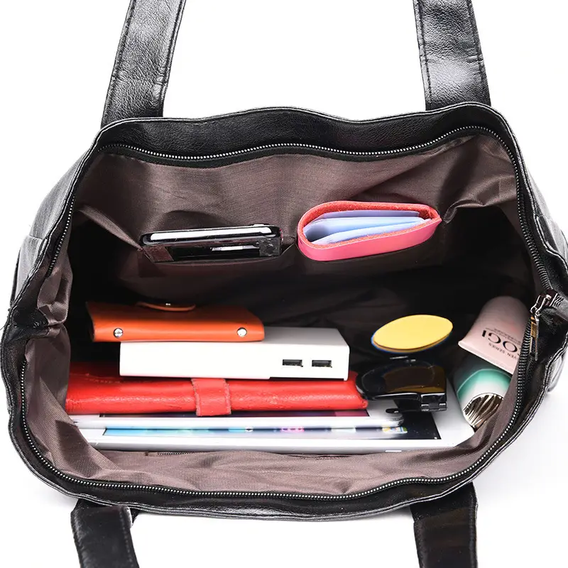 Black Leather Tote Bag for Women Large Capacity Shoulder Crossbody - Image 6