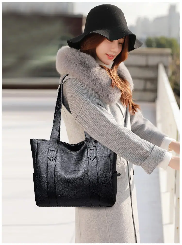 Black Leather Tote Bag for Women Large Capacity Shoulder Crossbody — feature 5