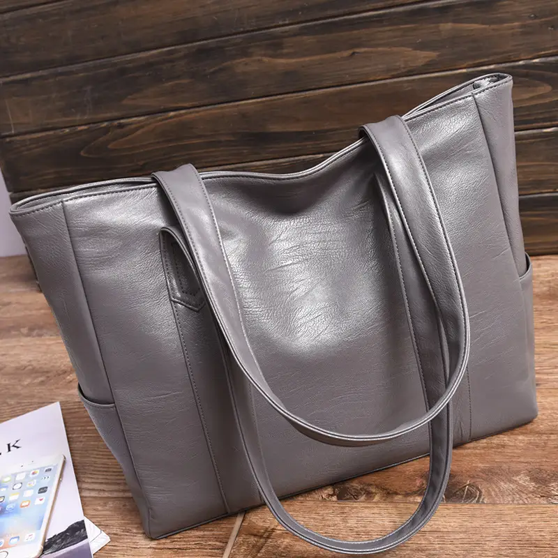 Black Leather Tote Bag for Women Large Capacity Shoulder Crossbody - Image 2