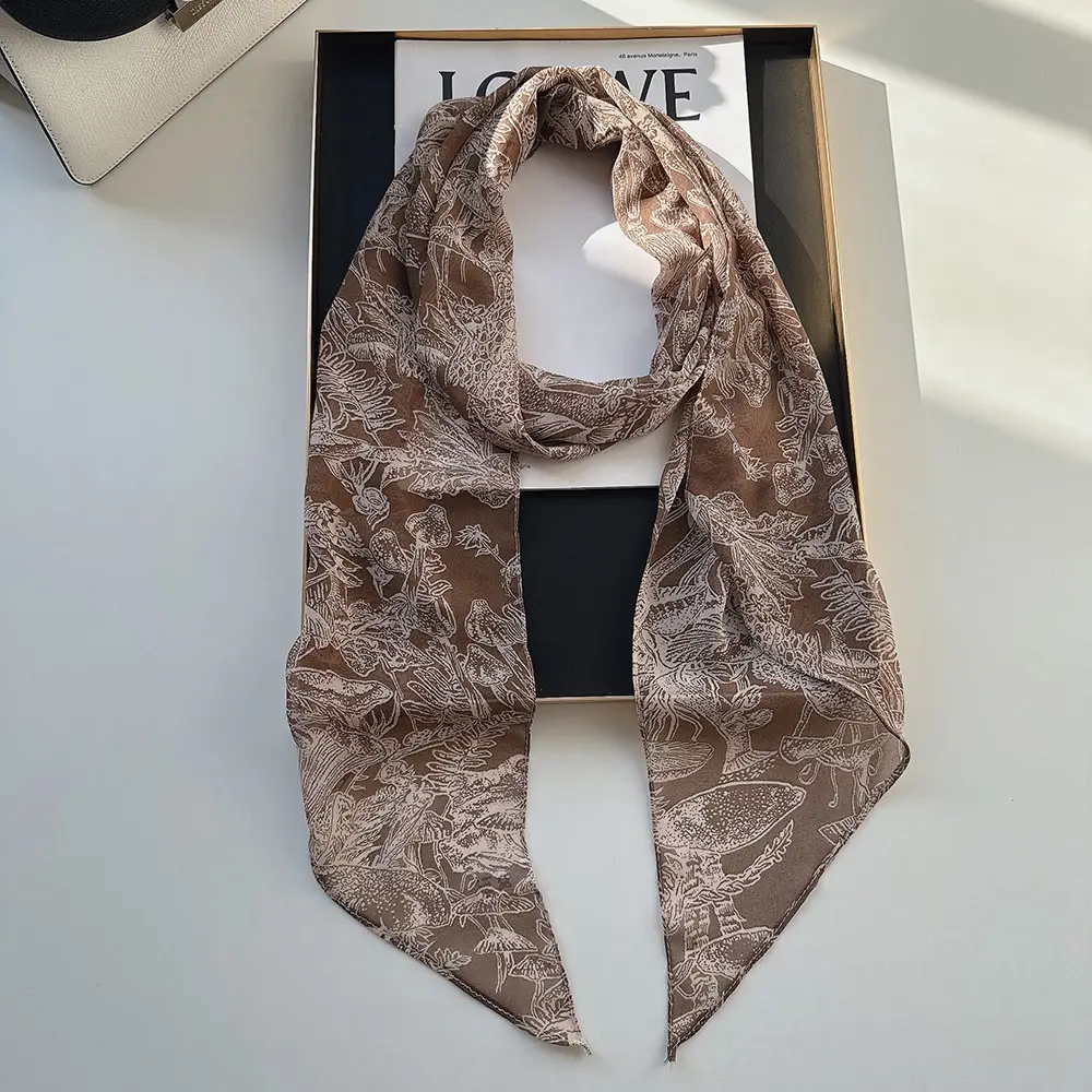 Long Silk Scarf with White Rose Print for Women