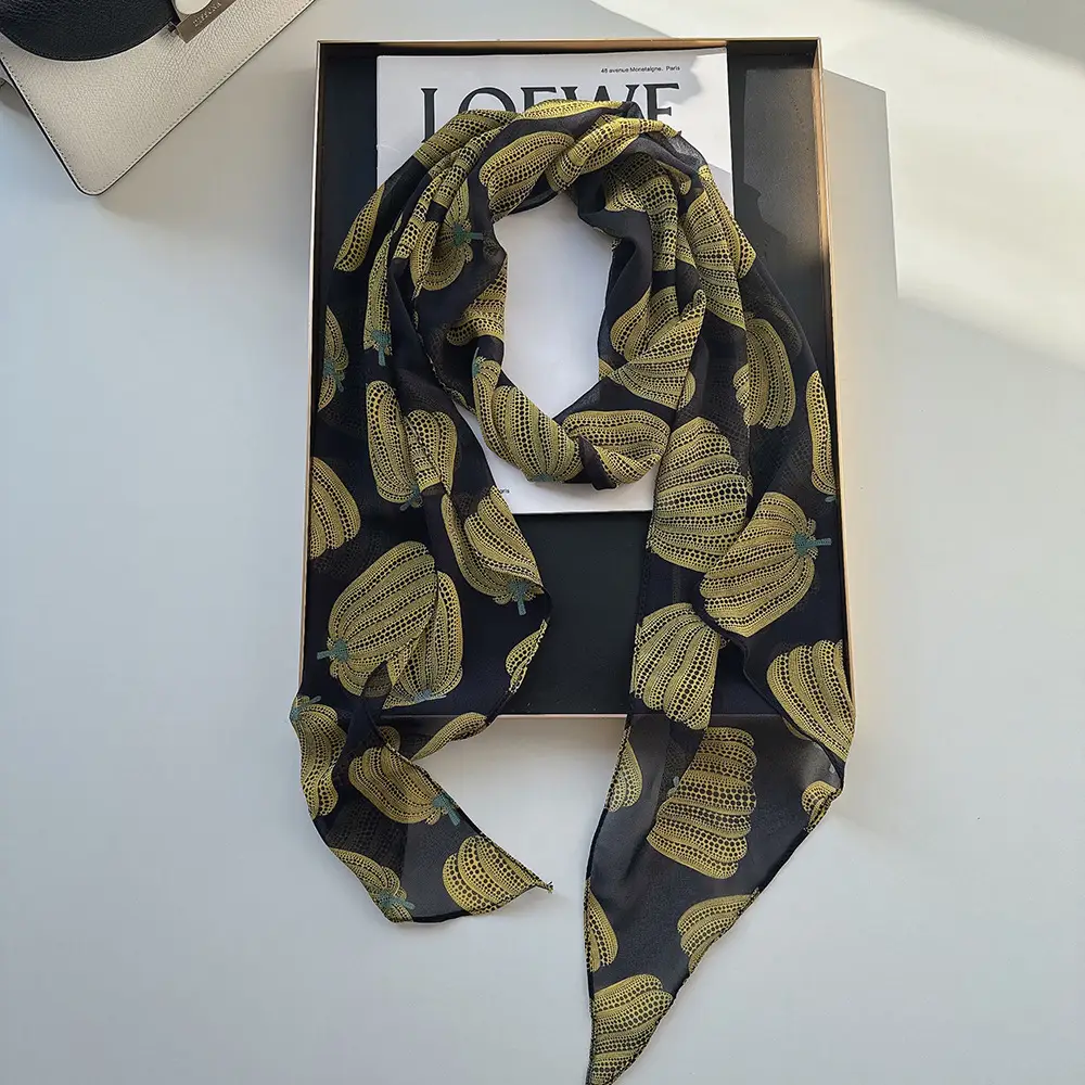 Long Silk Scarf with White Rose Print for Women