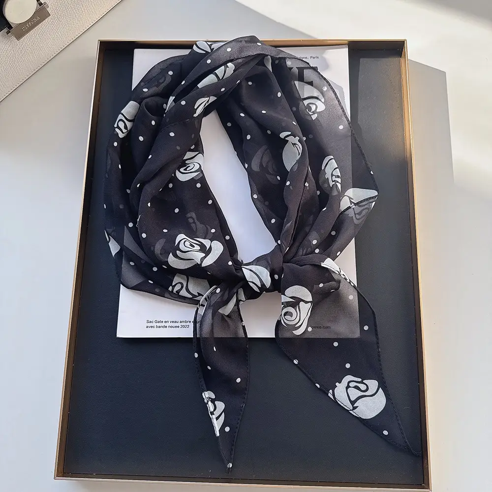 Long Silk Scarf with White Rose Print for Women