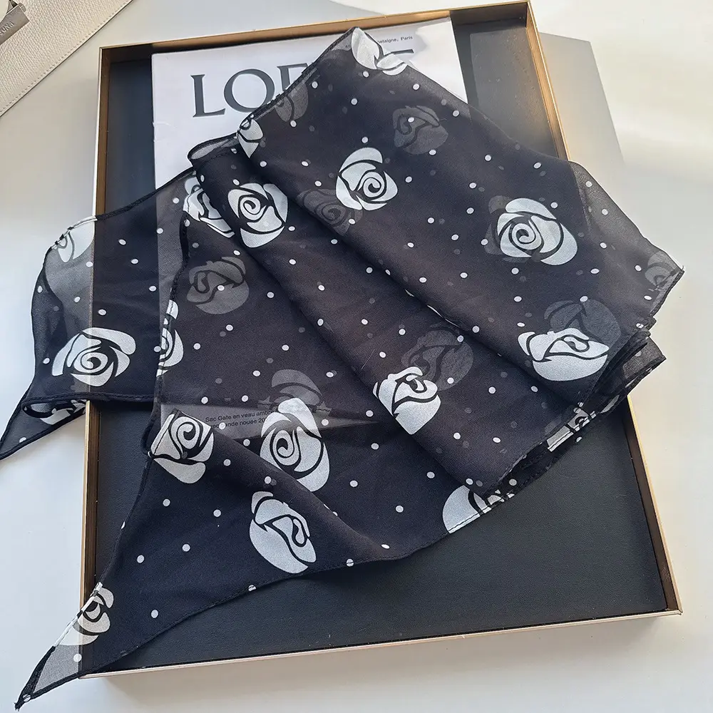 Long Silk Scarf with White Rose Print for Women — feature 10