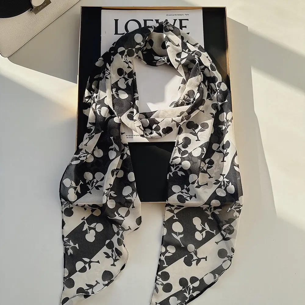 Long Silk Scarf with White Rose Print for Women — feature 12
