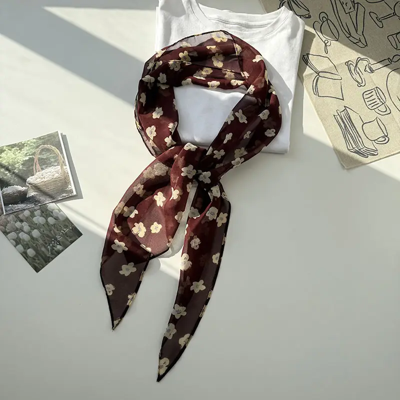 Long Silk Scarf with White Rose Print for Women