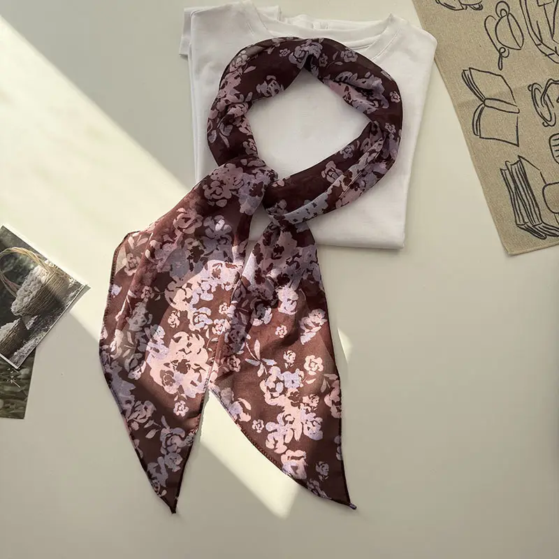 Long Silk Scarf with White Rose Print for Women