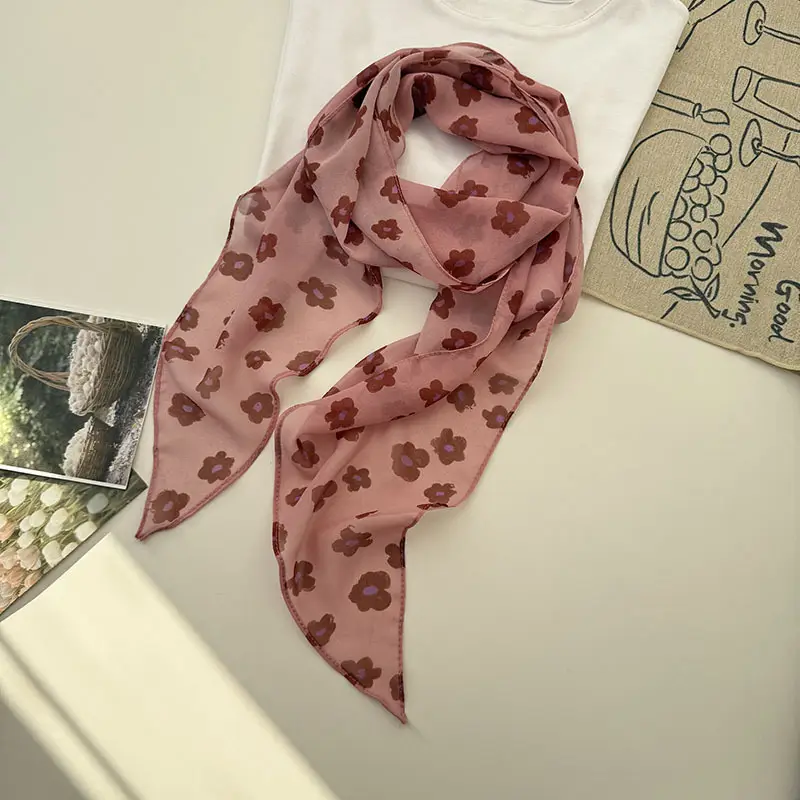 Long Silk Scarf with White Rose Print for Women