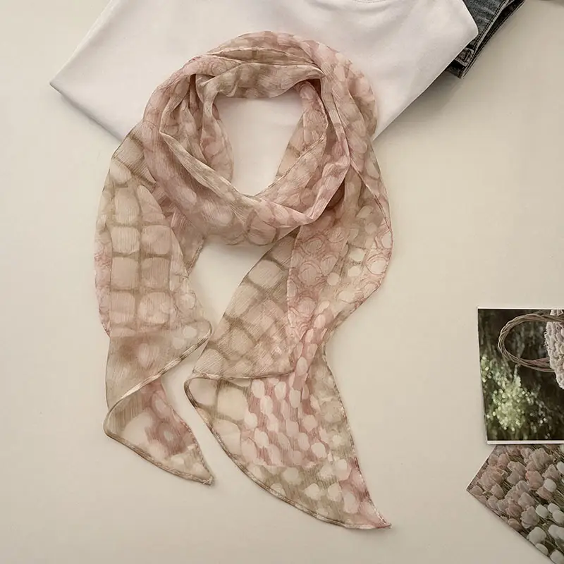 Long Silk Scarf with White Rose Print for Women
