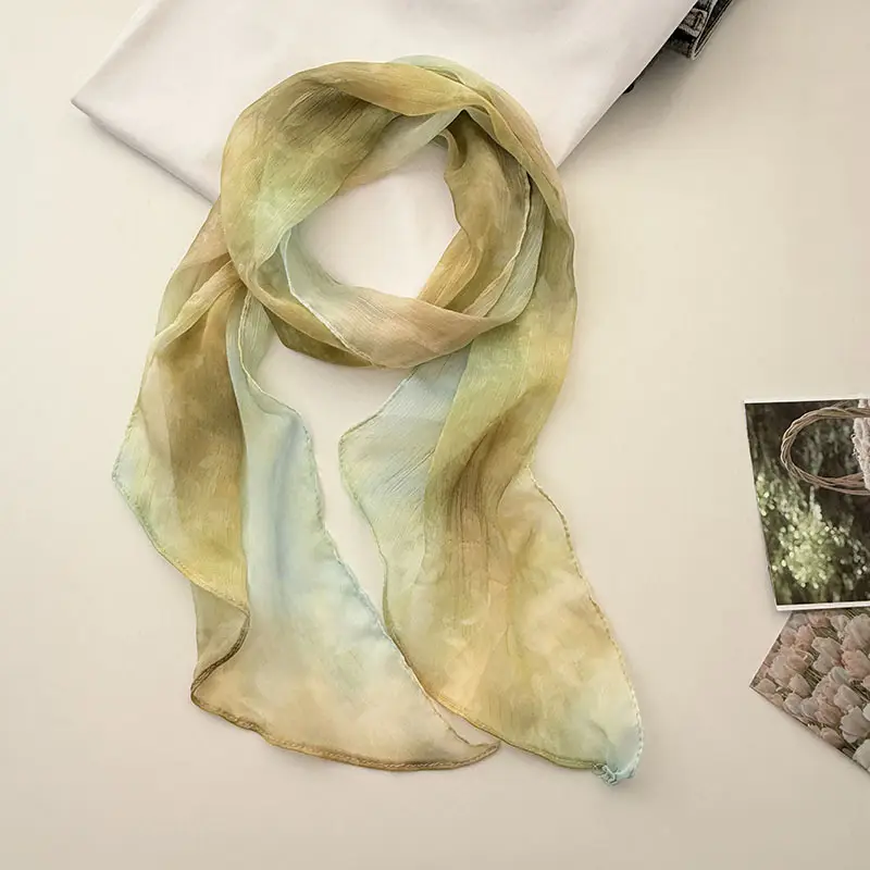Long Silk Scarf with White Rose Print for Women