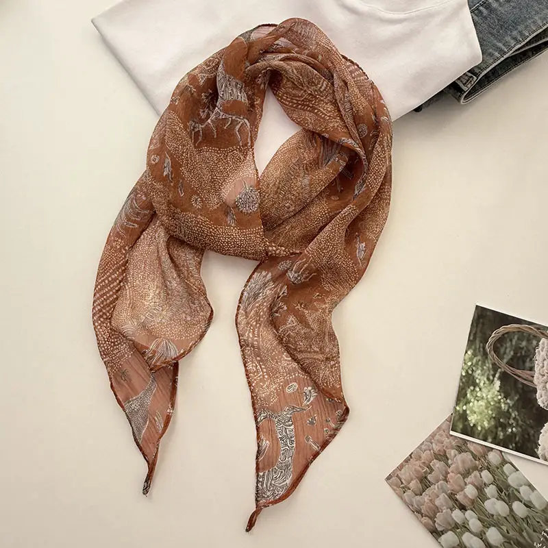 Long Silk Scarf with White Rose Print for Women