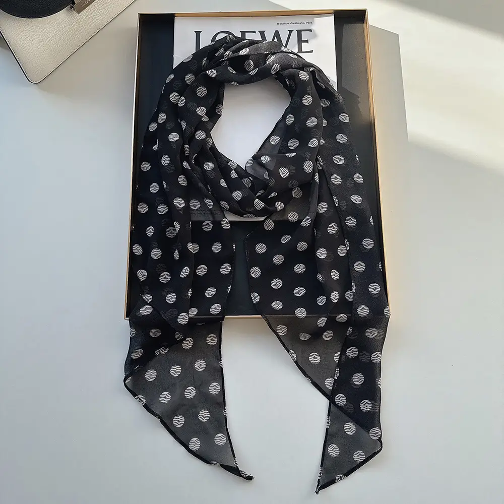 Long Silk Scarf with White Rose Print for Women
