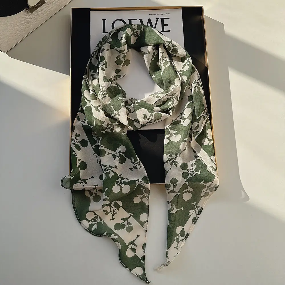 Long Silk Scarf with White Rose Print for Women