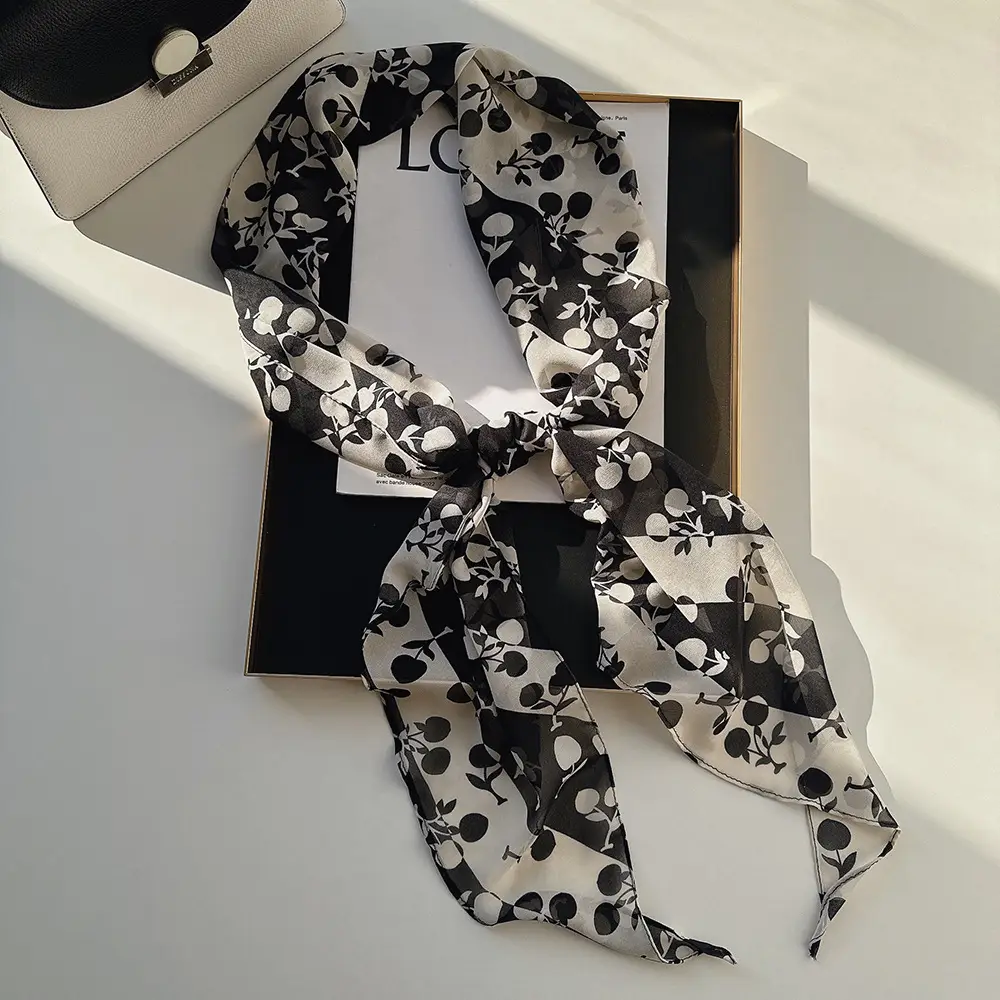 Long Silk Scarf with White Rose Print for Women
