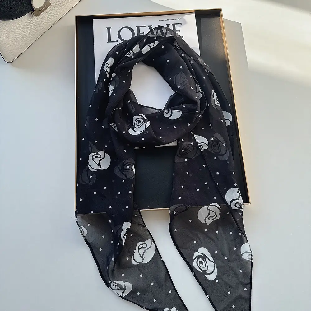 Long Silk Scarf with White Rose Print for Women