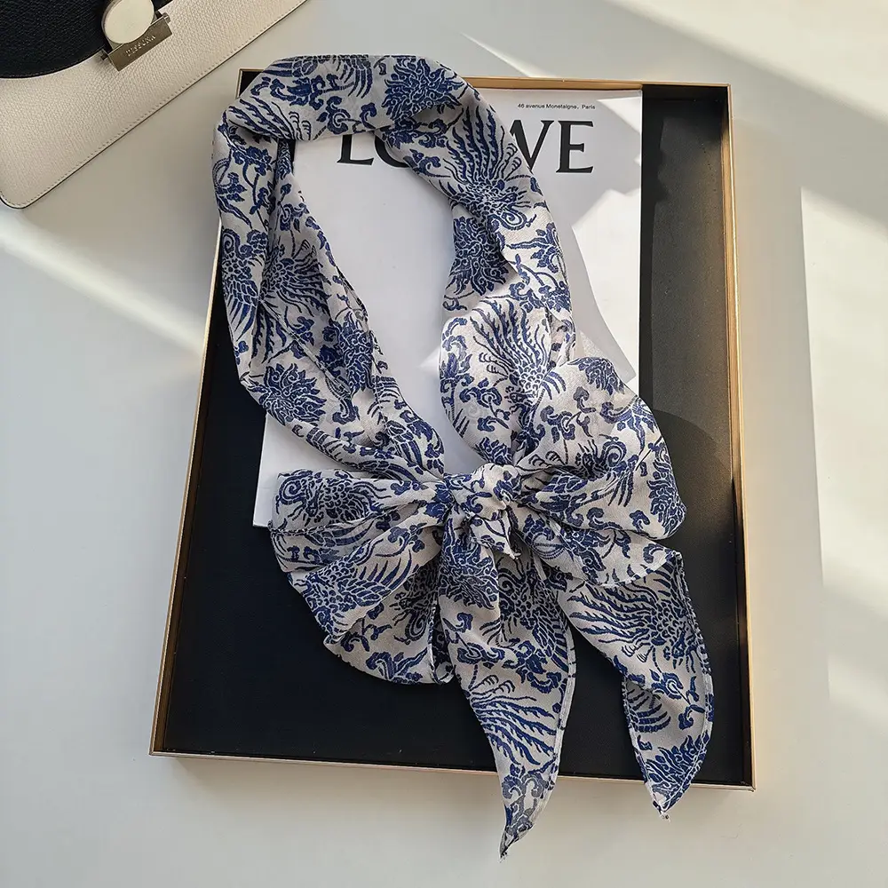 Long Silk Scarf with White Rose Print for Women
