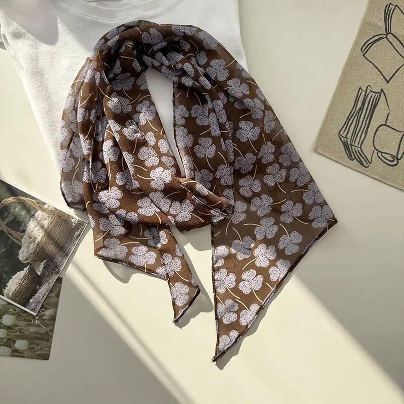 Long Silk Scarf with White Rose Print for Women