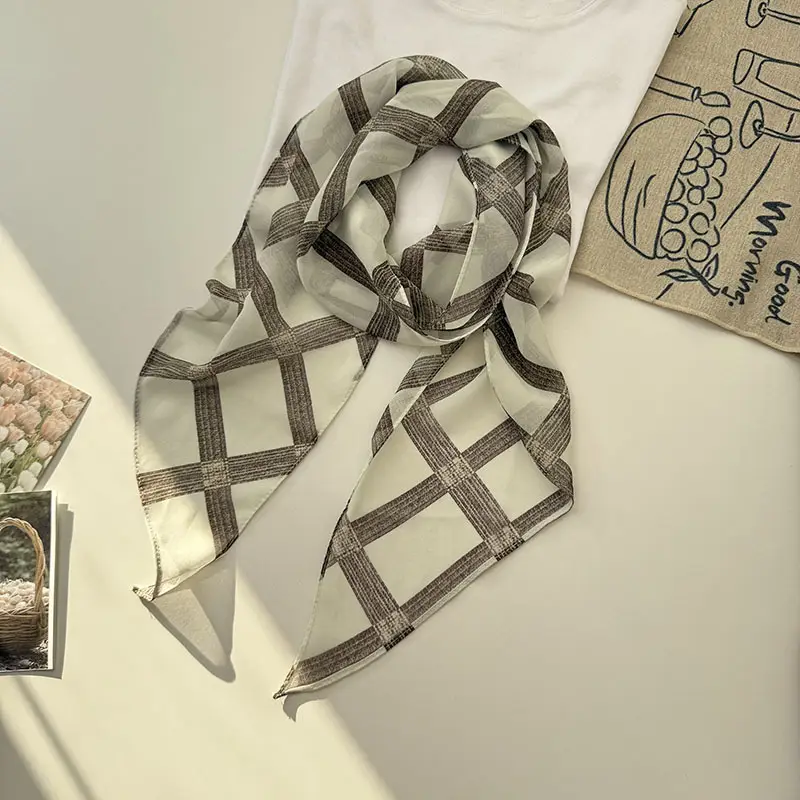 Long Silk Scarf with White Rose Print for Women