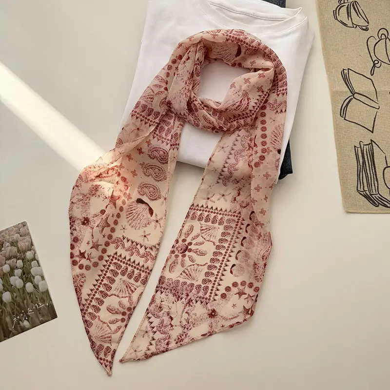Long Silk Scarf with White Rose Print for Women