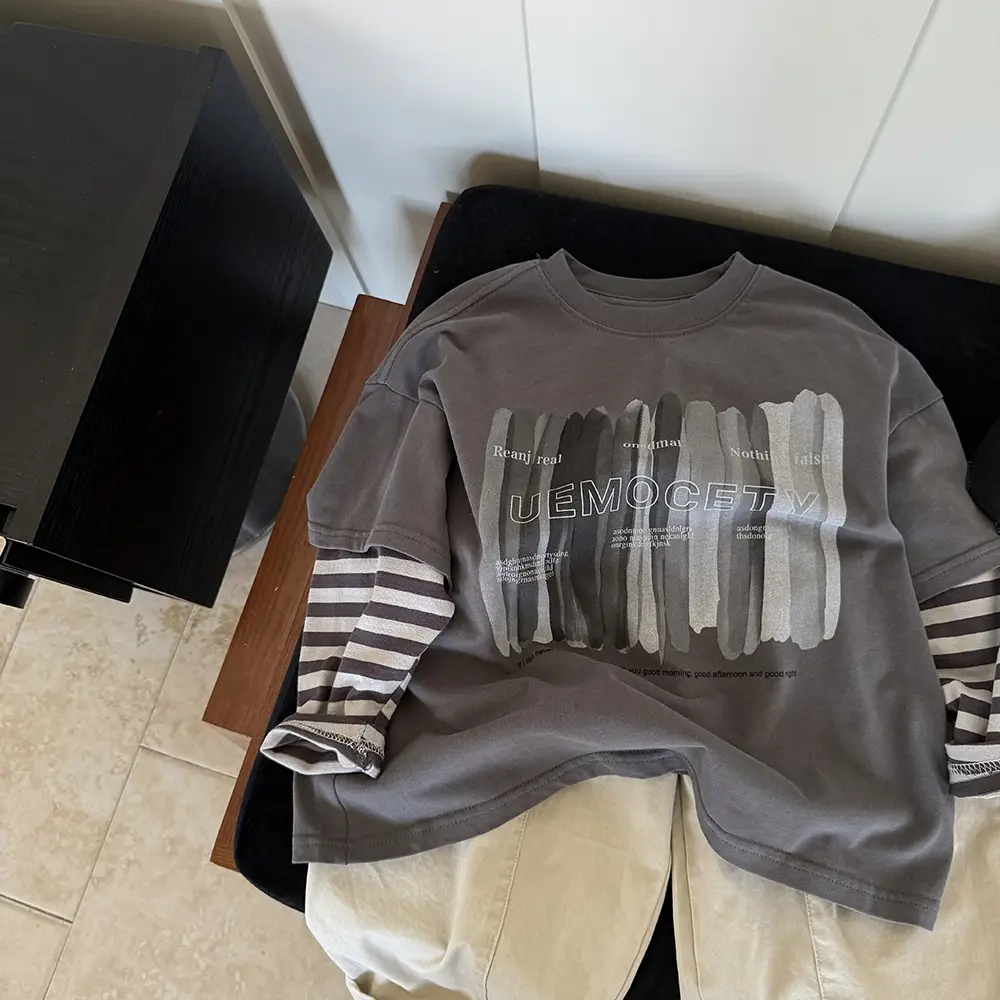 Boys Long Sleeve T-Shirt Grey Striped Sleeve Spring 2025 - Image 4