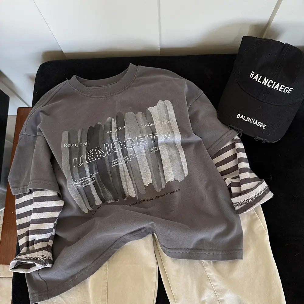 Boys Long Sleeve T-Shirt Grey Striped Sleeve Spring 2025 — feature 6
