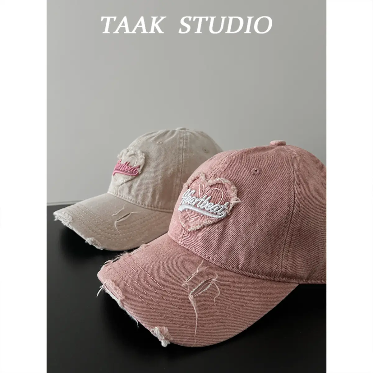 South Korea Washed Denim Heart Embroidered Cap - Image 6