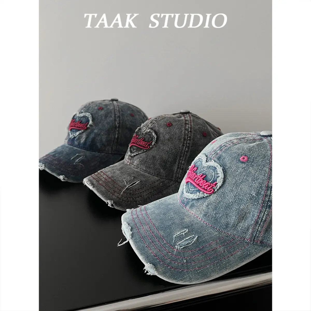 South Korea Washed Denim Heart Embroidered Cap - Image 7