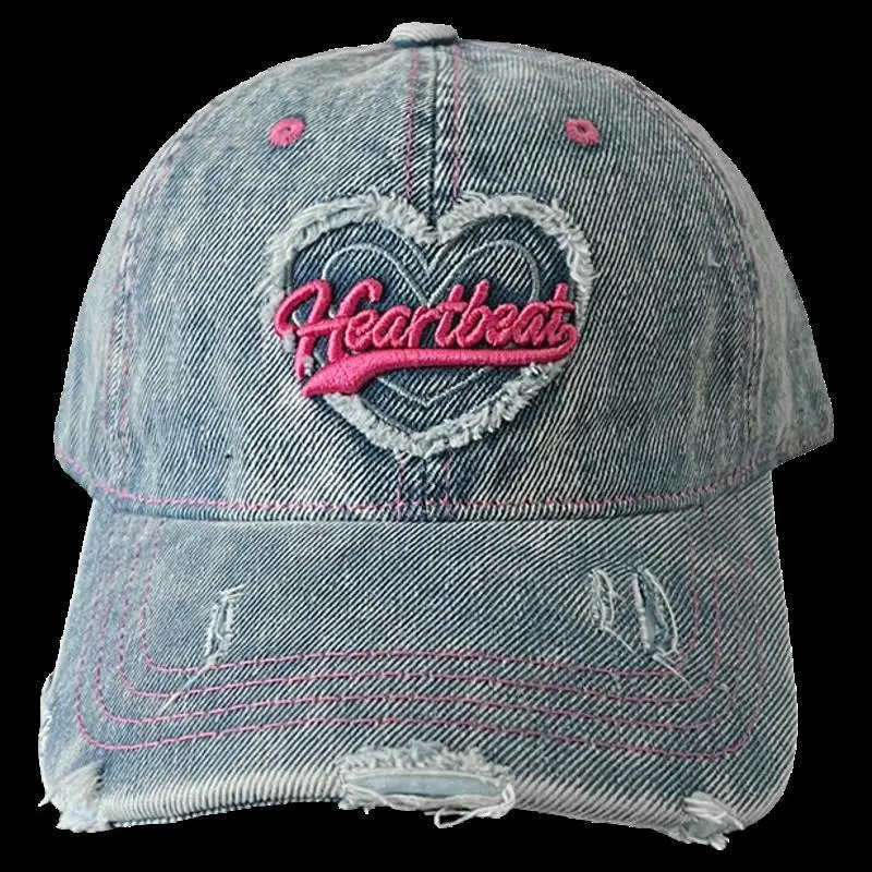 South Korea Washed Denim Heart Embroidered Cap - Image 9