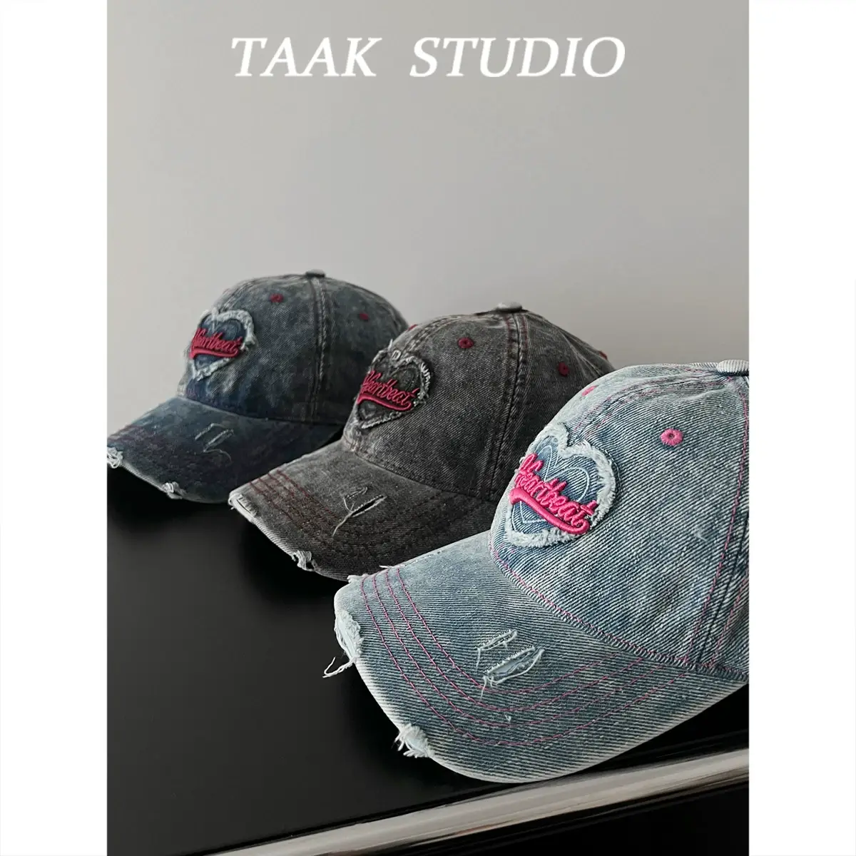 South Korea Washed Denim Heart Embroidered Cap — feature 1