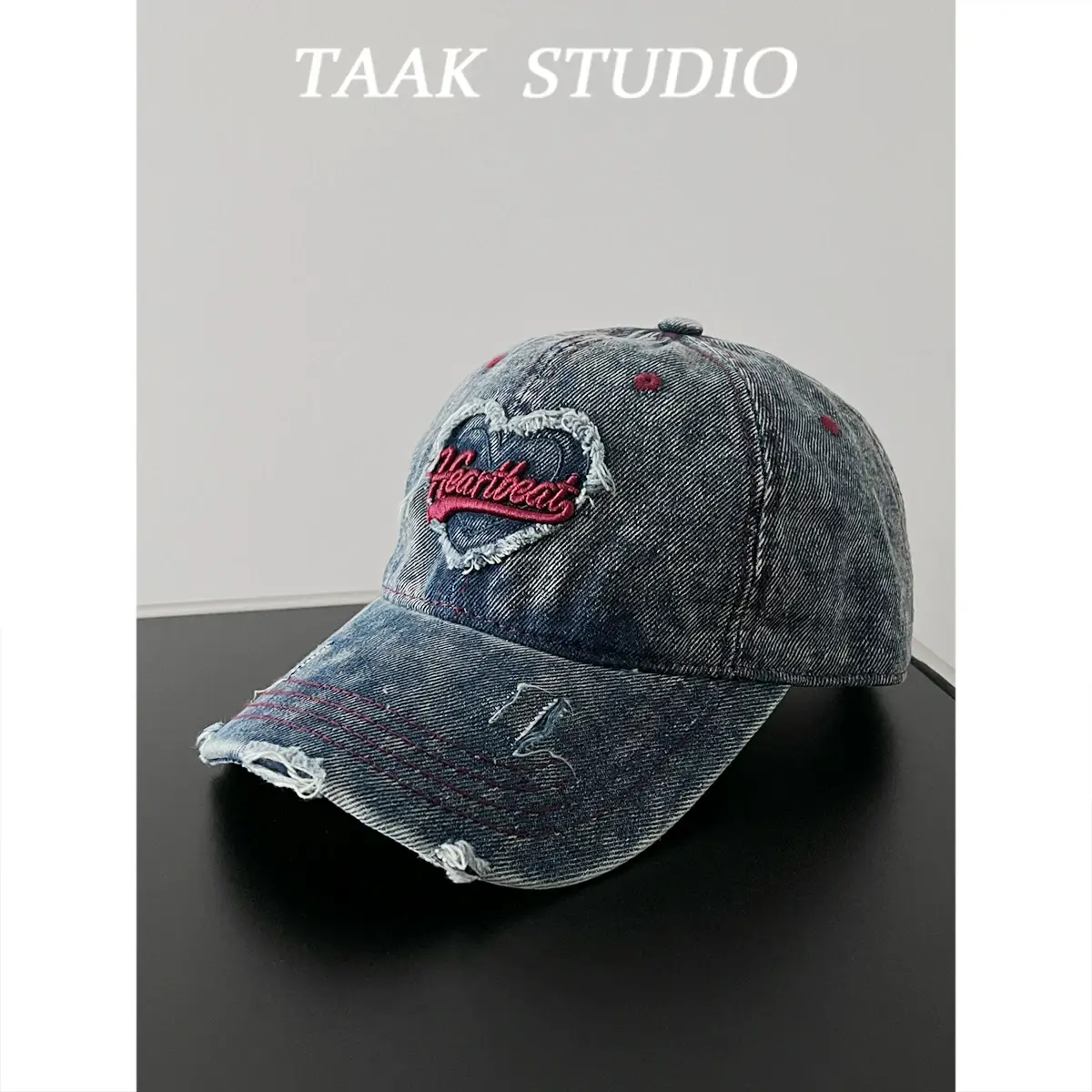 South Korea Washed Denim Heart Embroidered Cap — feature 3