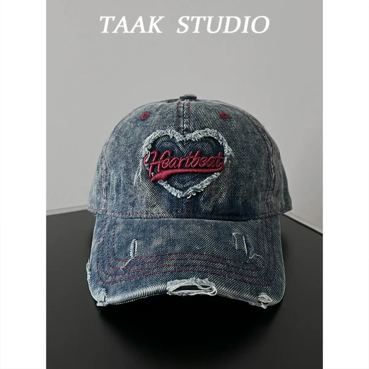 South Korea Washed Denim Heart Embroidered Cap — feature 4